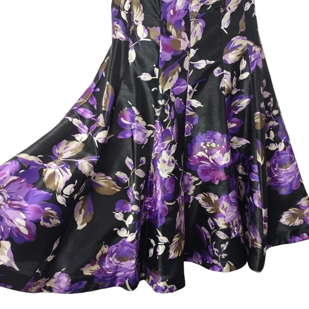 DB Established 1962 Size 4 Purple Floral Black Satin Sleeveless Flare Dress NWT - Picture 5 of 10
